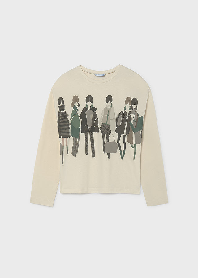 Camiseta de manga larga serigrafiada Mayoral para niña, modelo 7061, color Crema-086