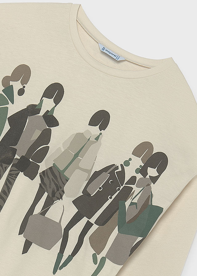 Camiseta de manga larga serigrafiada Mayoral para niña, modelo 7061, color Crema-086